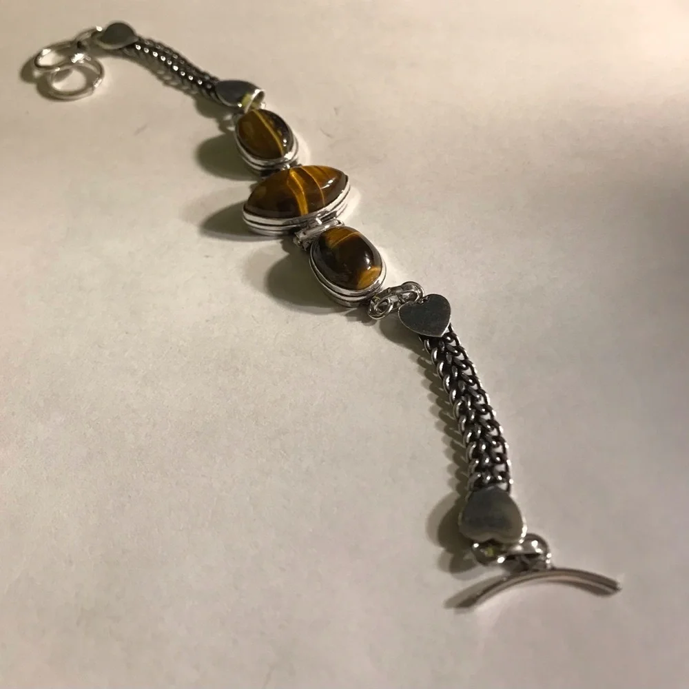 Tiger Eye Stamped 925 Sterling Silver Bracelet